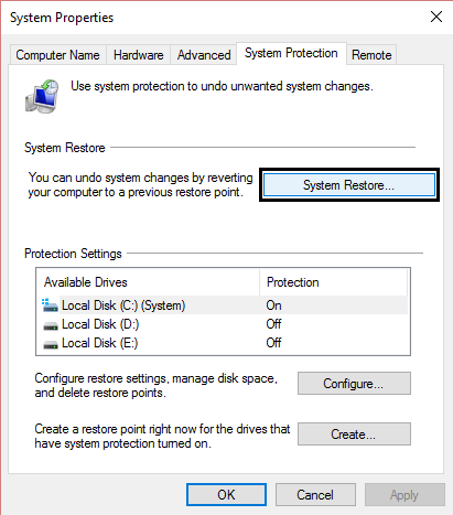 System Restore under system protection