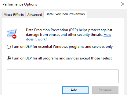 Turn on DEP for all programs and services