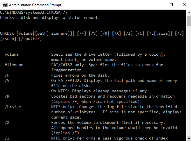 chkdsk help commands