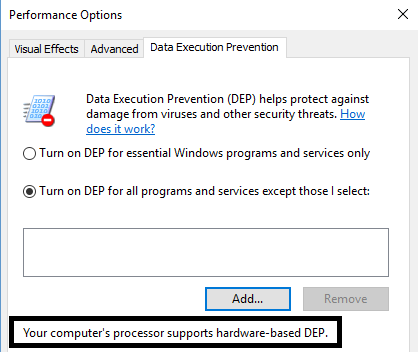 computer supports hardware based DEP