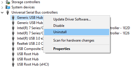 Expand USB Controllers then right-click on each of them and select Uninstall