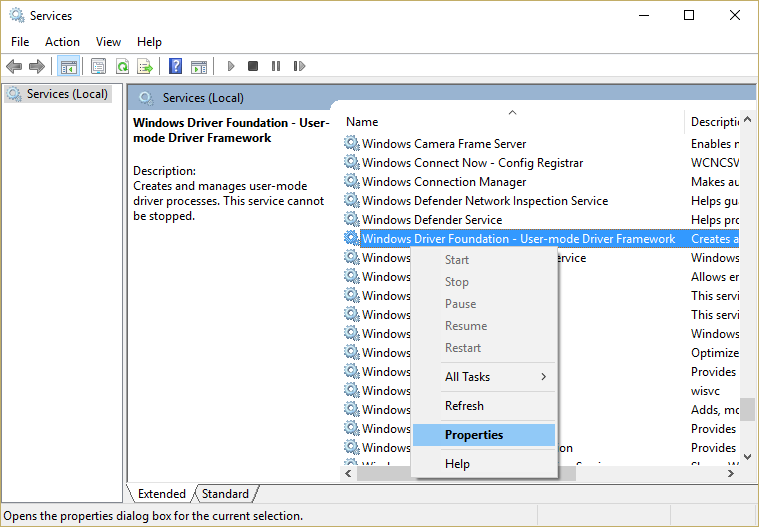 Right click on Windows Driver Foundation - User-mode Driver Framework service and select Properties