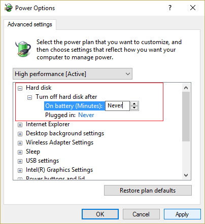 Expand Turn off hard disk after and set the value to Never