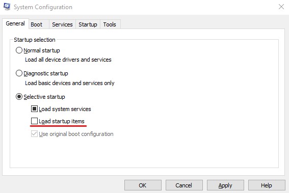 In the General tab, you have to select the Selective Startup option