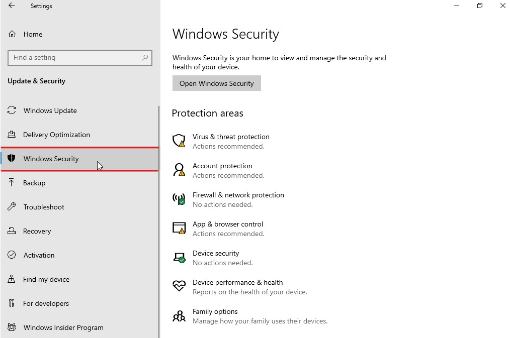 From the left pane, click on the Windows Security option.