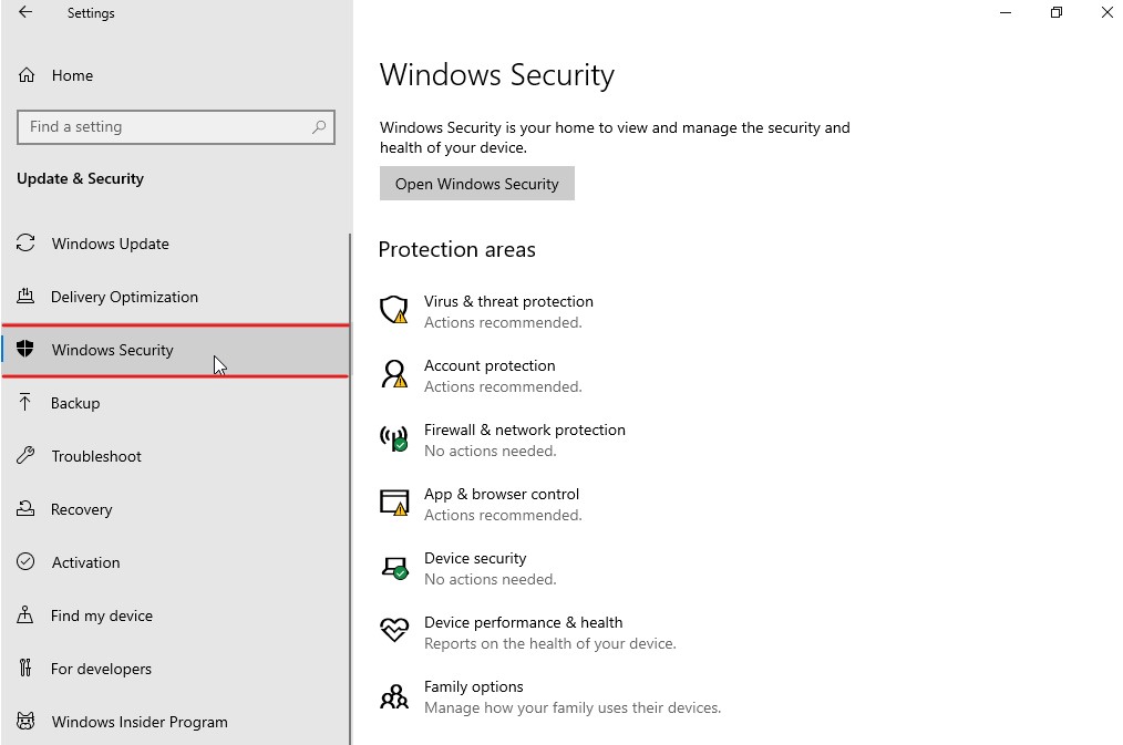 From the left pane, click on the Windows Security option.