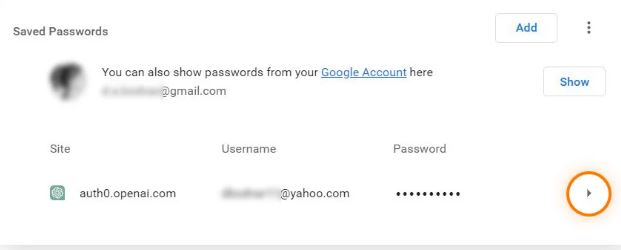 Scroll down to Saved Passwords and click the arrow next to the password you want to view
