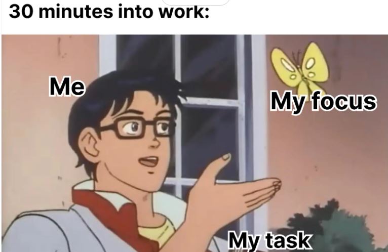 A meme of a guy losing his focus after 30 minutes into work